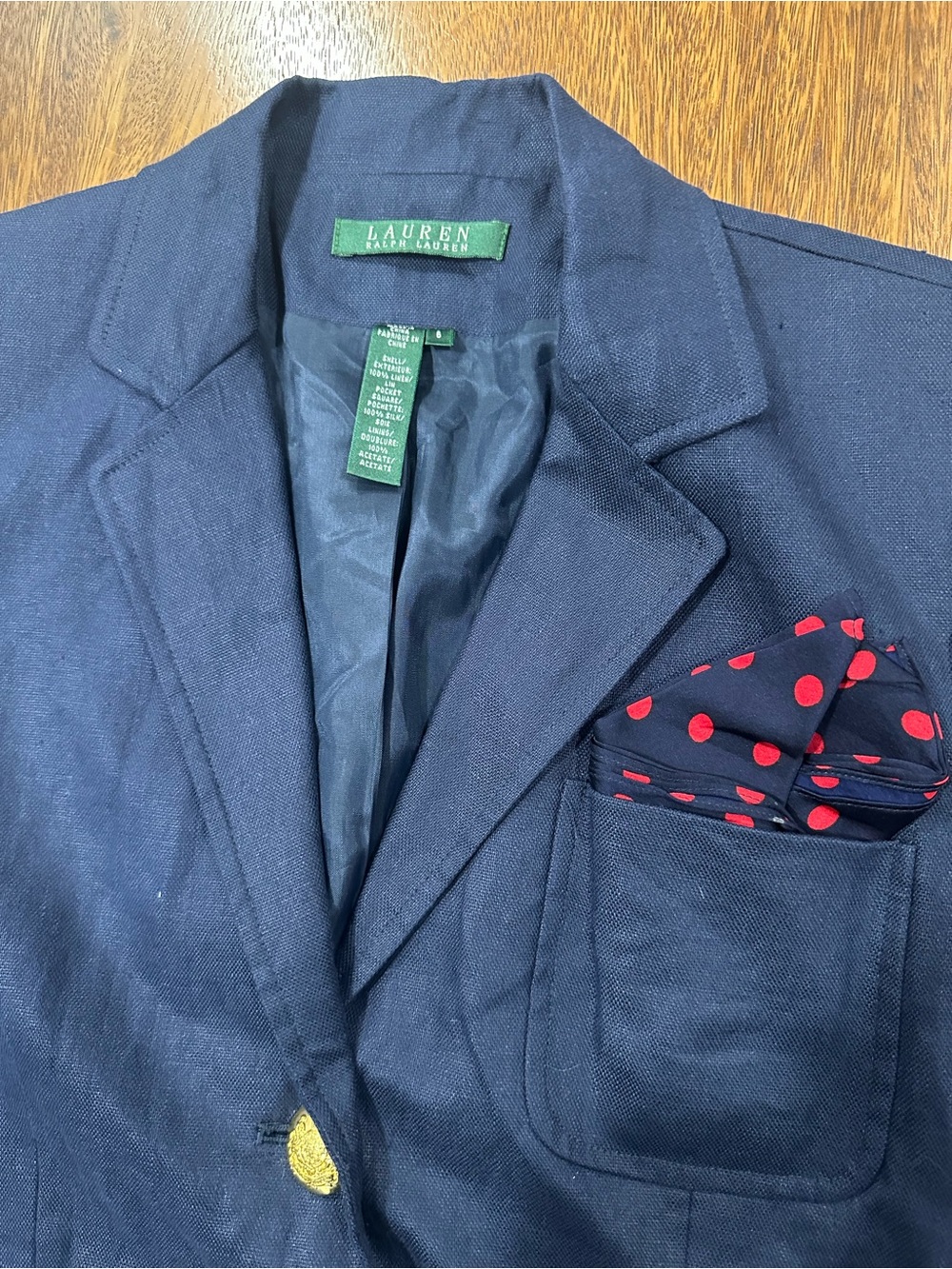 Lauren Ralph Lauren 100% Linen Silk Pocket Square Navy Blazer Womens Sz 6 Preppy